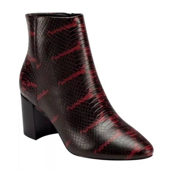 NEW IN BOX MARC FISHER Black & Red Jaydyn Snakeskin Embossed Booties